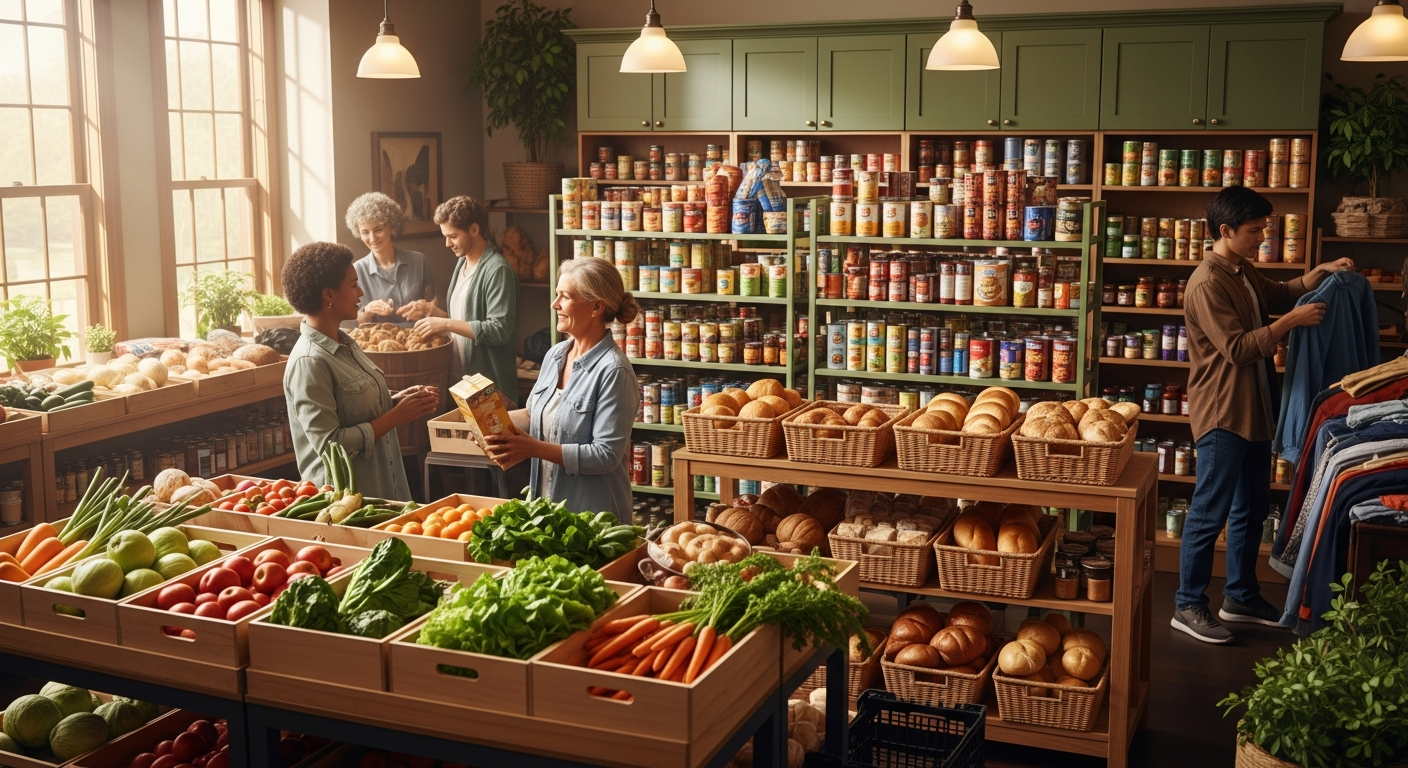 Community volunteers sorting fresh produce, canned goods, and bread inside a neighborhood food pantry